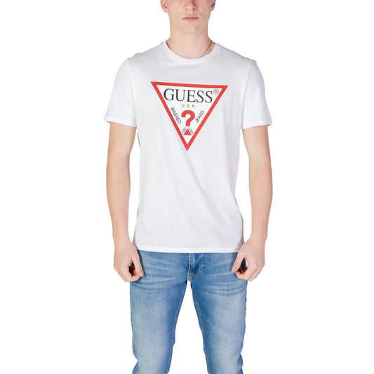 T-shirt Guess SS ORIGINAL LOGO uomo bianca con stampa maniche corte scollo tondo 100% cotone - vista frontale indossata da modello
