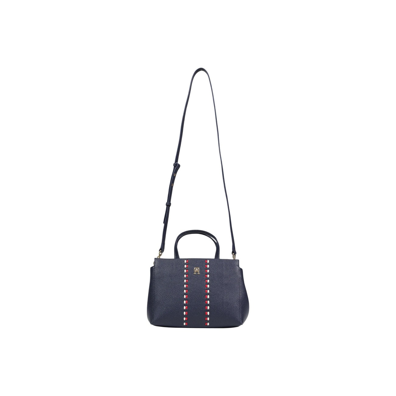Borsa Tommy Hilfiger Satchel blu; 100% Poliuretano zigrinato. Nastro iconico, chiusura magnetica, tasca esterna zip e tracolla estraibile. Capienza 7 litri, design strutturato. Vista con tracolla 