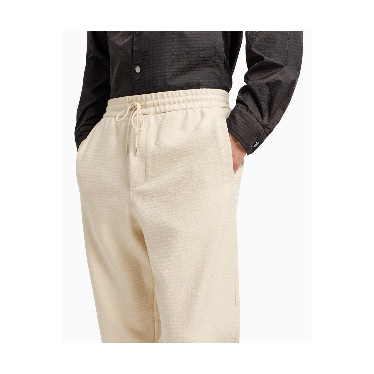 Emporio Armani Pantaloni Uomo Bianchi con Lacci Tasche Anteriori - Pantaloni Cotone Lyocell Elastan