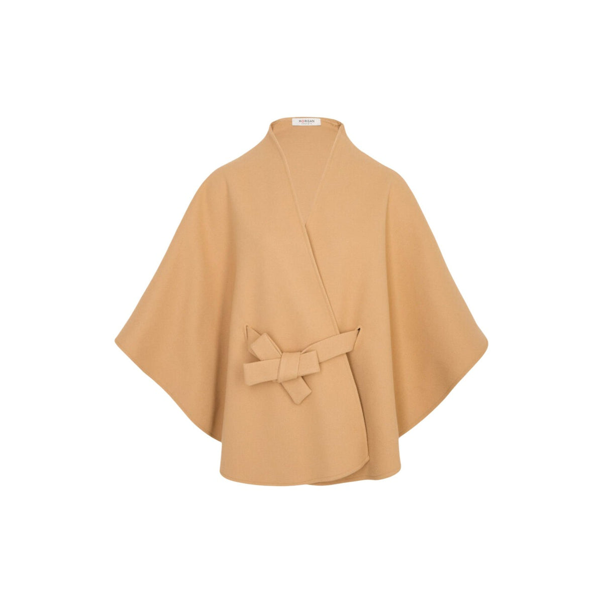 Mantella beige donna Morgan De Toi 242-5BELT. Capospalla chic in misto viscosa con scollo incrociato, taglio di lunghezza media, passanti e cintura abbinata da annodare.