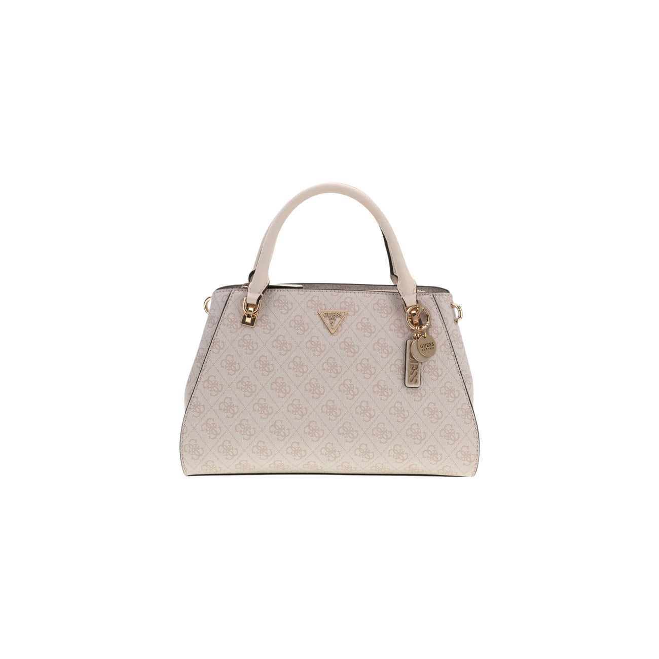 Borsa Satchel Bianca Grande Donna Guess Noelle II; Misure 31x20x13 cm. Tessuto 100% poliuretano con stampa logo, doppi manici, tracolla rimovibile e chiusura con cerniera. Triangolo logo in metallo dorato e tasca posteriore, stile elegante Primavera-Estate. Vista frontale 