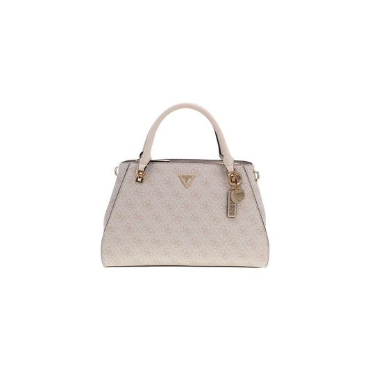 Borsa Satchel Bianca Grande Donna Guess Noelle II; Misure 31x20x13 cm. Tessuto 100% poliuretano con stampa logo, doppi manici, tracolla rimovibile e chiusura con cerniera. Triangolo logo in metallo dorato e tasca posteriore, stile elegante Primavera-Estate. Vista frontale 