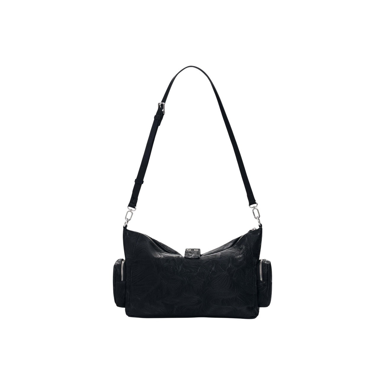  Borsa media con dettagli traforati, tracolla e occhielli decorativi e tasche con cerniera alle estremità. Vista posteriore retro 