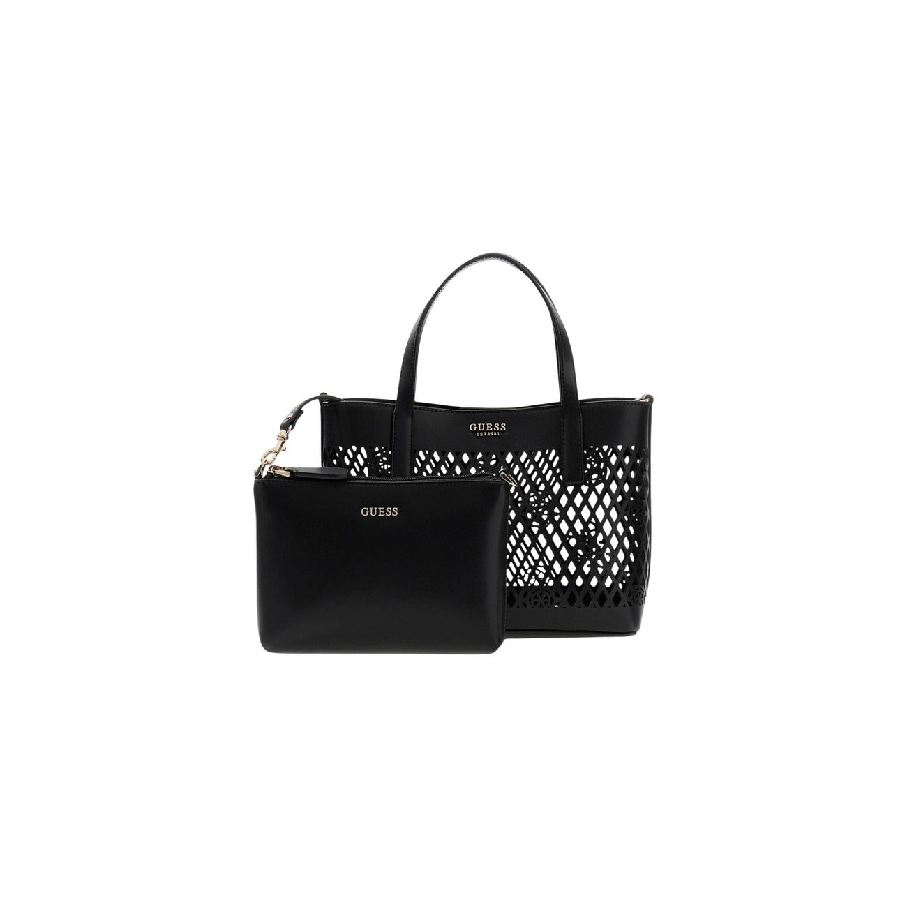 Guess Letty HWPG99 11750, mini tote traforata con pochette nera interna estraibile; doppia portabilità a mano o al braccio, logo iconico e design contemporaneo in 100% poliuretano. Vista frontale con pochette 
