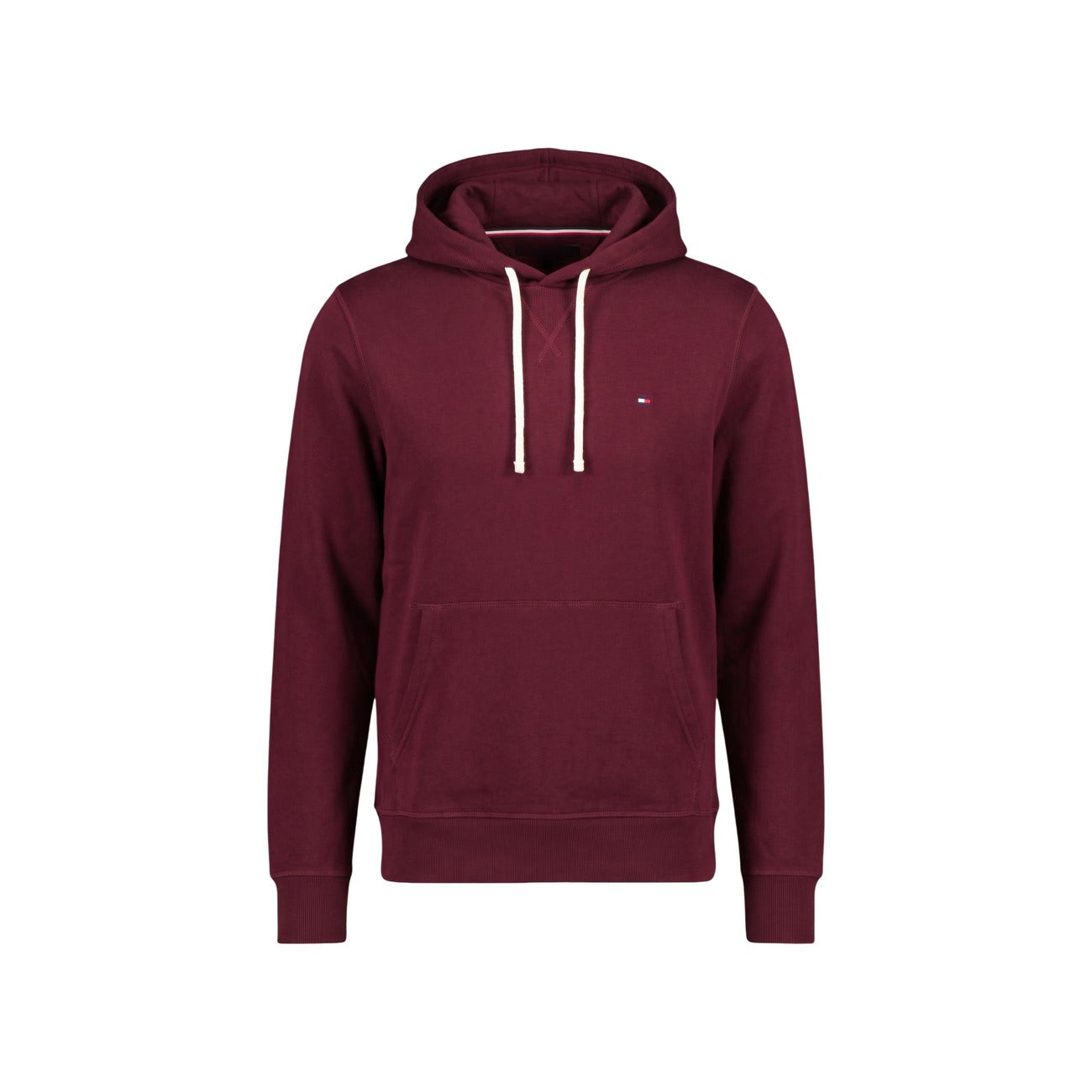 Felpa Tommy Hilfiger uomo bordeaux con cappuccio MW0MW39997. Felpa in misto cotone spazzolato effetto manopesca con tasca a marsupio frontale, coulisse a contrasto e logo ricamato, abbigliamento uomo autunno inverno.