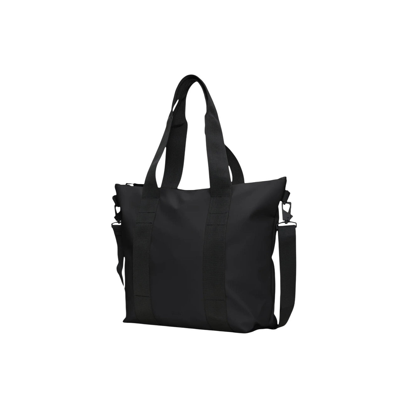Borsa Rains Tote Bag Mini nera lucida impermeabile 14160. Borsa da donna per shopping, lavoro e pendolari in tessuto PU idrorepellente nero lucido con cerniera, manici lunghi a spalla e tracolla rimovibile, capacità 18,5 litri.