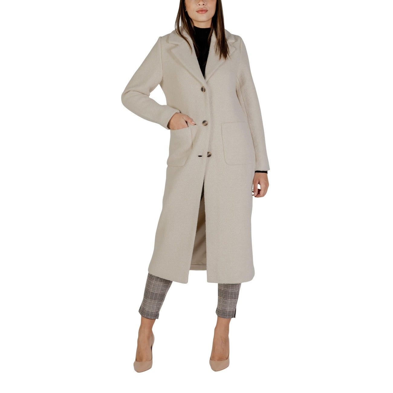 Ichi Cappotto Donna Beige Maniche Lunghe - Cappotto Lana Bottoni Tasche Autunno Inverno