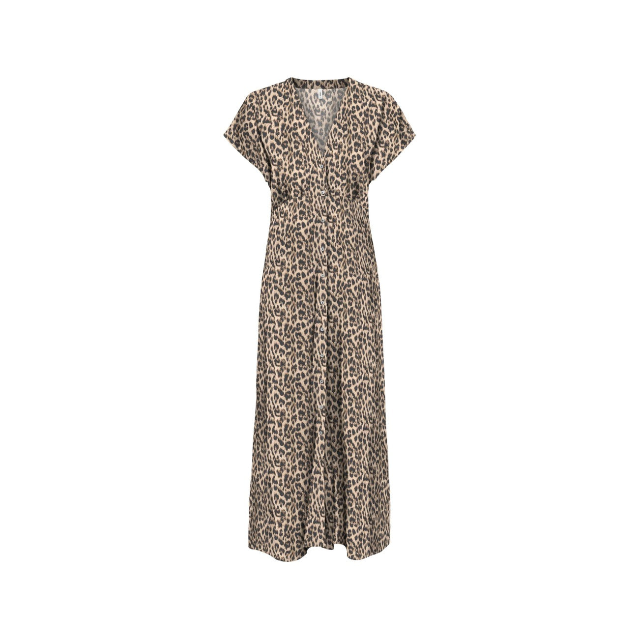 Abito lungo chemisier Only; 100% Viscosa. Stampa animalier, bottoni frontali, scollo a V. Vestito estivo fluido, leggero e chic. Vista frontale stesa 