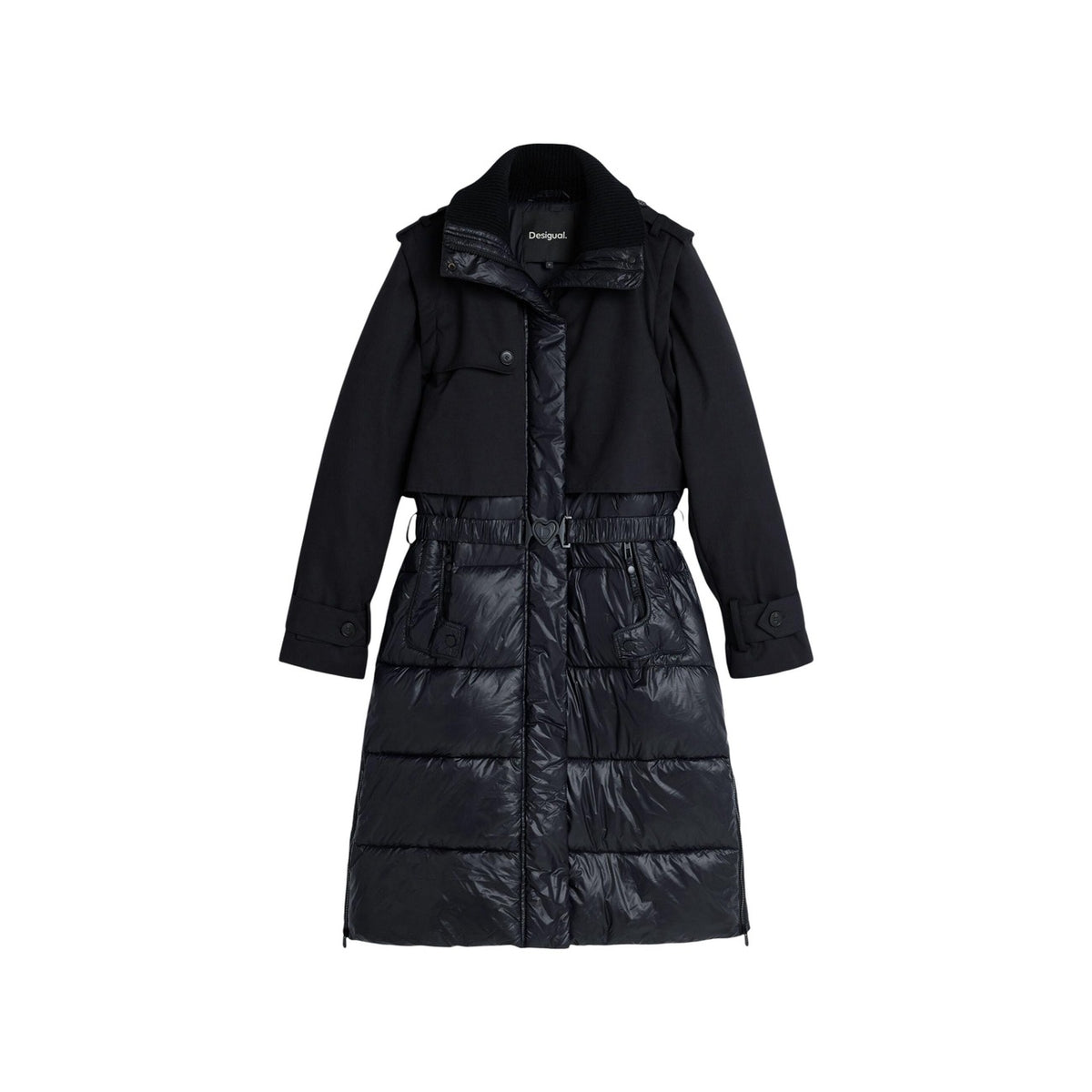 Piumino lungo nero donna Desigual – Cappotto lucido staccabile con cintura 26WWEW352000.