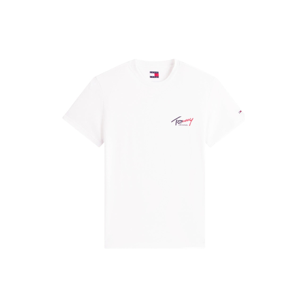 T-shirt Bianca Tommy Jeans; 100% Cotone Rigenerato. Regular fit, girocollo, maniche corte. Logo ricamato, tessuto morbido e fresco. Il basic ecosostenibile per eccellenza. Vista stesa 