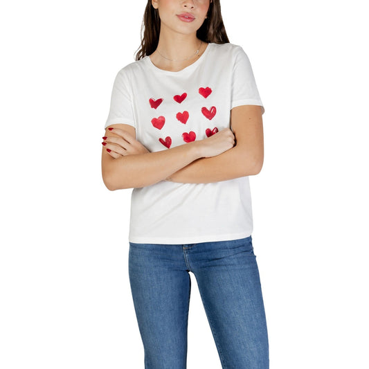 T-shirt Morgan De Toi donna bianca con stampa cuori rossi maniche corte scollo tondo 50% cotone 50% modal - vista frontale indossata da modello figura intera
