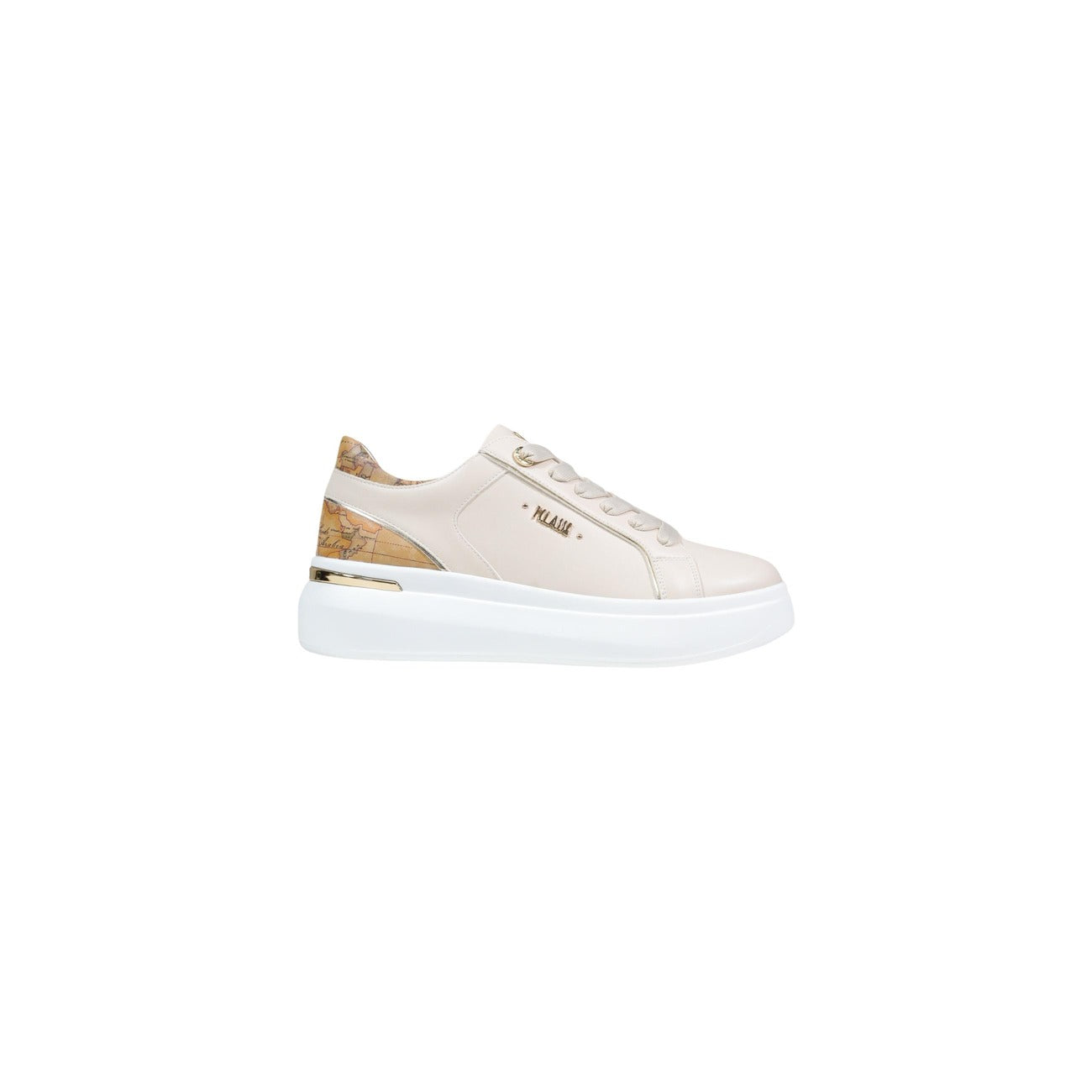 Alviero Martini Sneakers Geo Classic; poliuretano, finiture oro, suola rialzata, logo laterale. L'eleganza iconica ai piedi per uno stile casual superiore.