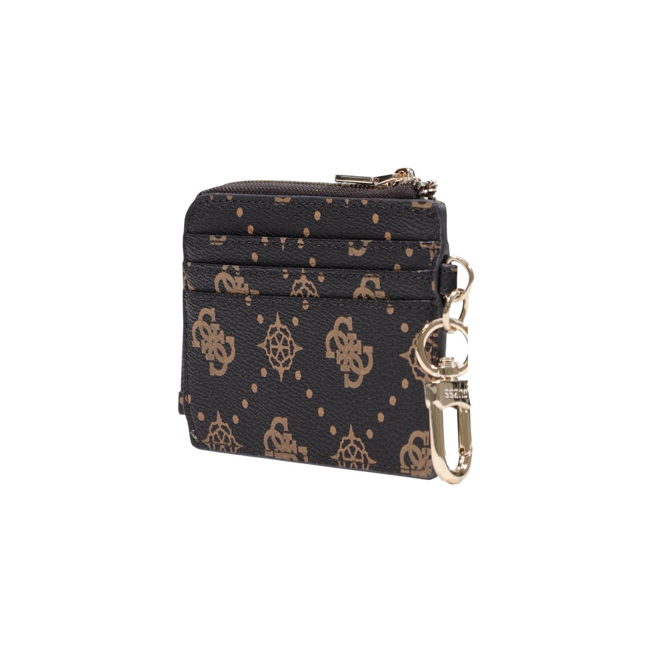 Portafoglio Portachiavi Marrone Guess; Dimensioni 13x10x0.5 cm. Realizzato in 100% poliuretano effetto pelle con motivo a loghi e pois. Chiusura con zip, tasche interne, gancio esterno e dettagli oro. 