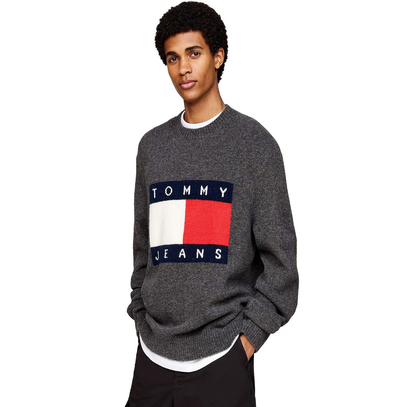 Tommy Jeans Maglia Uomo Grigio Stampa Scollo Tondo Manica Lunga Lana Acrilico Autunno Inverno B_44583