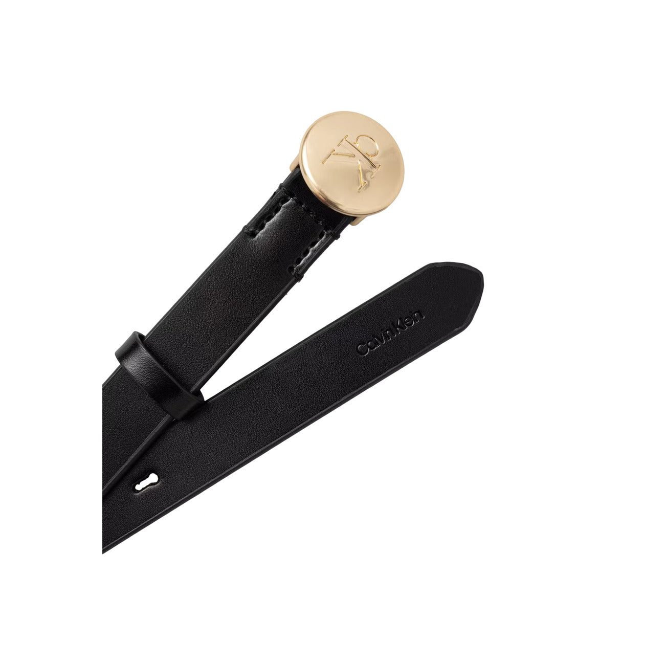Cintura Sottile Donna Calvin Klein; Nero. 100% Pregiata pelle liscia, larghezza 2 cm, fibbia rotonda in metallo dorato con logo inciso. Accessorio elegante 4 stagioni. Dettaglio fibbia