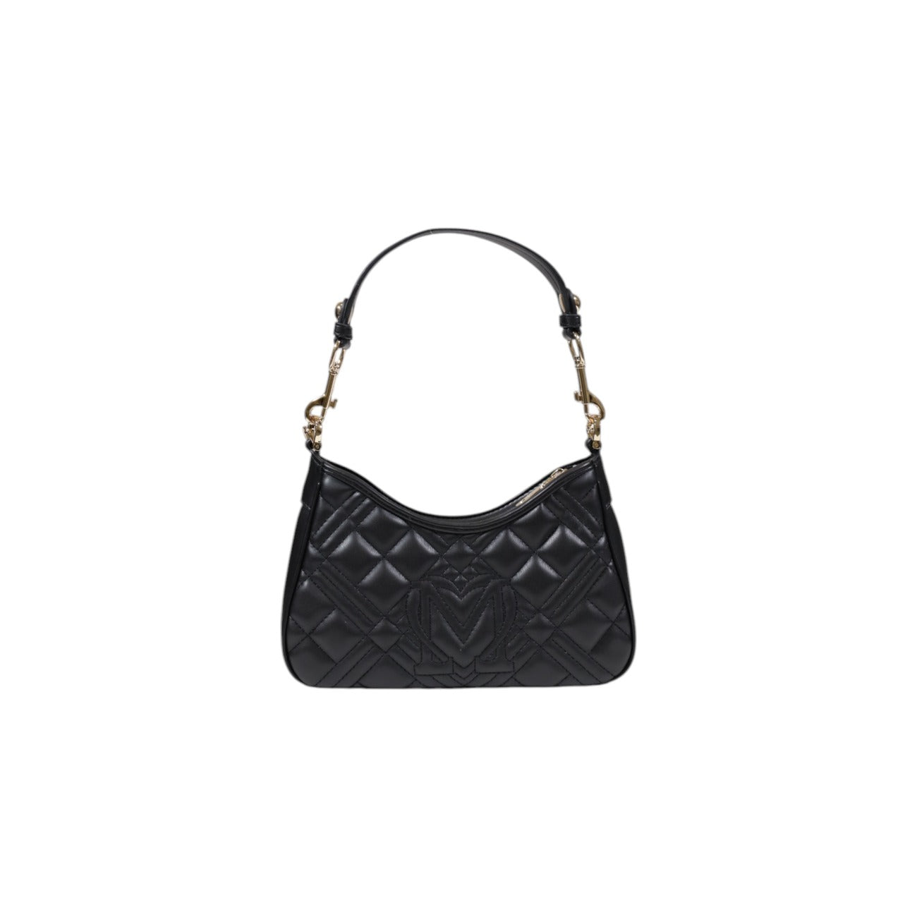 Borsa Love Moschino donna nera a spalla modello JC4152PP1M. Borsetta piccola trapuntata in ecopelle nera con manico a catena corta oro e placca logo stile casual chic, elegante e da sera.