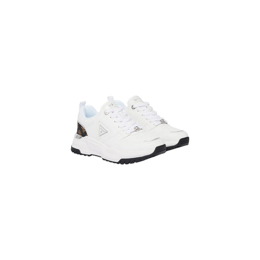 Sneakers bianche platform donna Guess Helada FLFHEL ELE12. Scarpe da ginnastica casual bianche con suola zeppa 5 cm, battistrada scolpito, dettagli logo Guess e rinforzo posteriore.
