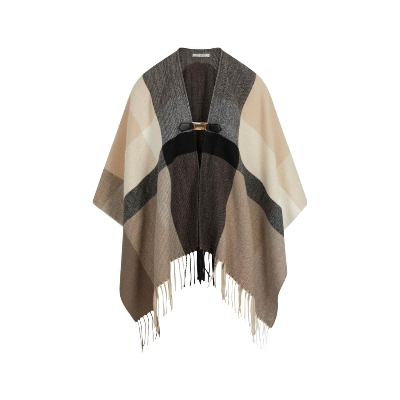 Poncho beige a quadri donna Morgan De Toi 261-5CLAC. Mantella corta smanicata con motivo geometrico tartan in poliestere e viscosa con scollo aperto e frange bohémien.