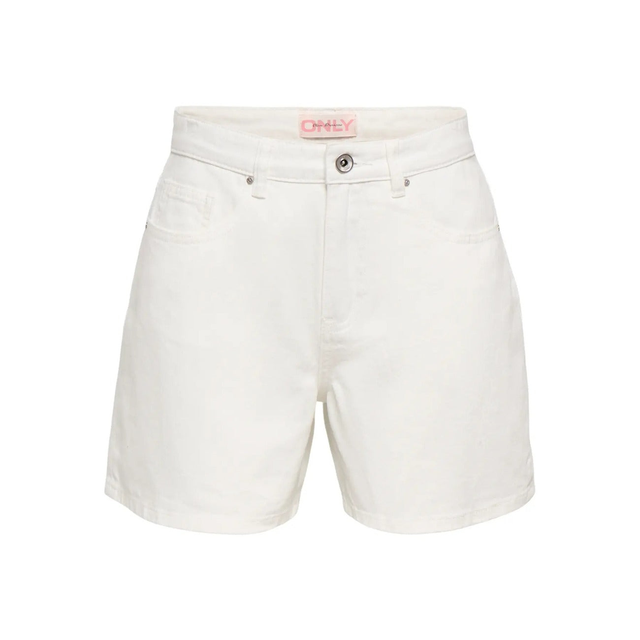 Bermuda Jeans Donna Only; Pantaloncino lungo a vita alta in puro cotone denim con orlo risvoltato e passanti per cintura. Modello cinque tasche, stile casual e sportivo per la primavera e l'estate. Bianco / white denim vista Frontale stesa 