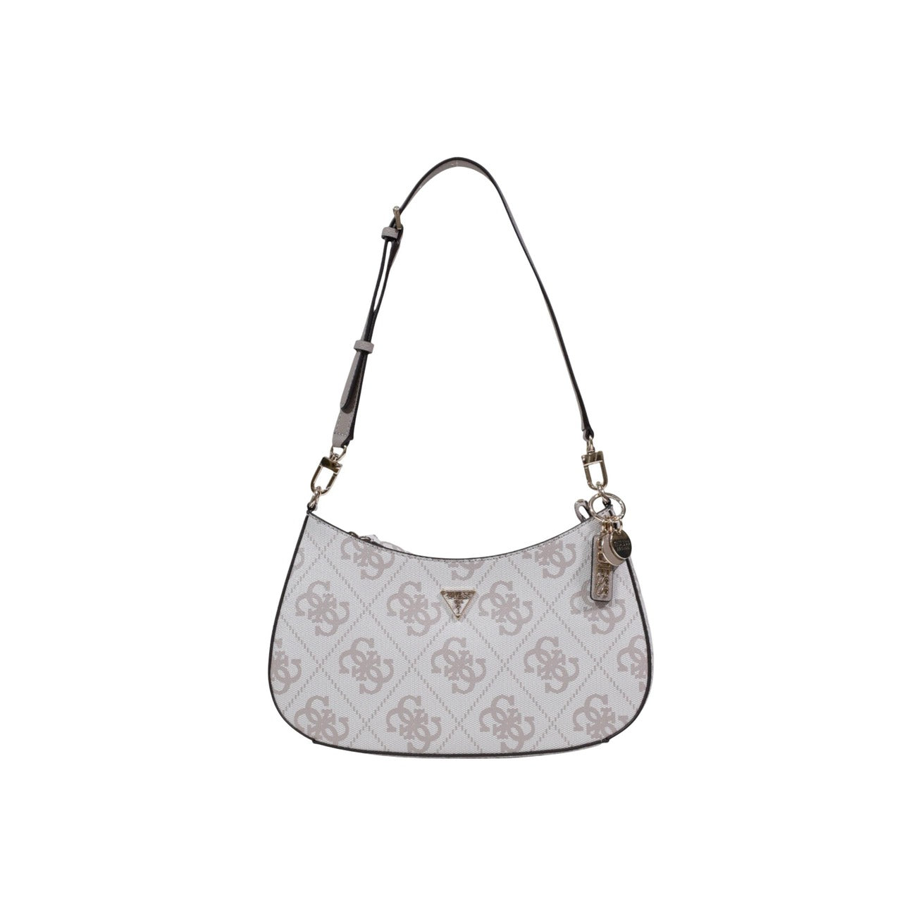 Guess Noelle II Shoulder Bag; 100% Poliuretano. Stampa 4G Beige, chiusura zip, metalleria dorata. Borsa donna a mano 29x18x6 cm con tasche esterne ed interne. Vista frontale 