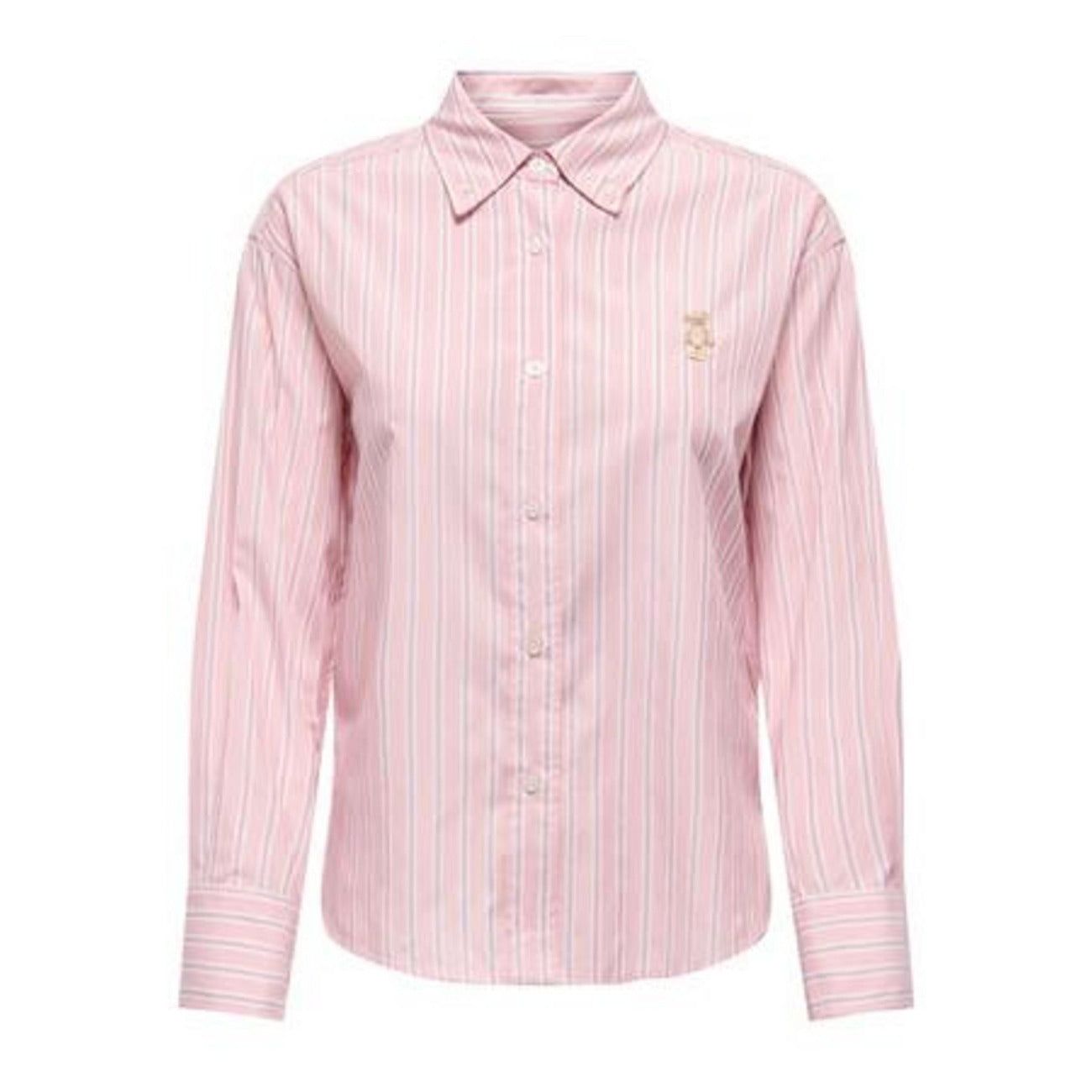 Camicia rosa regular fit Only Onlelara con ricamo sul petto, maniche lunghe con polsini e composizione in misto viscosa traspirante. Vista frontale Stesa