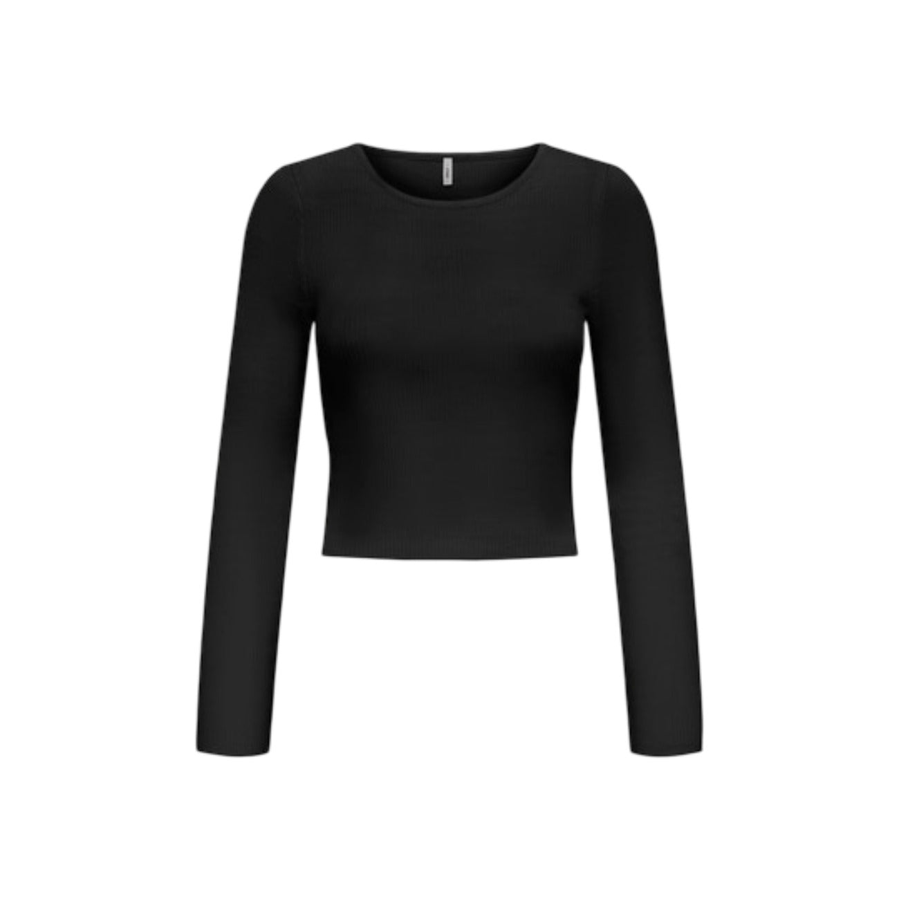 Maglione nero a costine Only Onlmist girocollo, vestibilità slim e taglio corto, composizione in viscosa e nylon. Vista frontale 