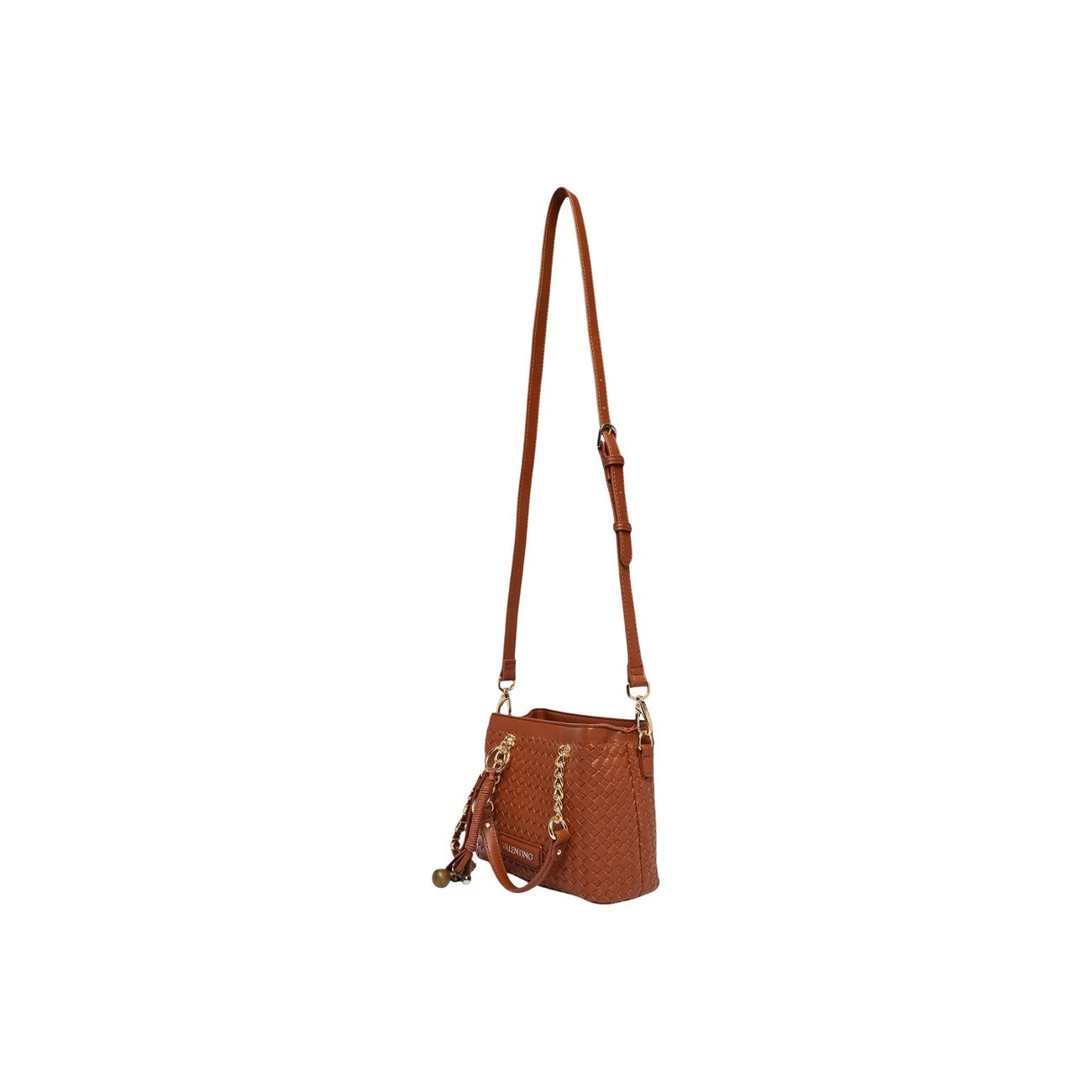 Borsa Piccola Marrone Donna Valentino Bags Gea; Misure 13x25x13 cm. Tessuto 100% poliuretano intrecciato a rilievo con doppi manici, tracolla rimovibile e charm logato con perle. Chiusura a zip, stile elegante 4 stagioni. Vista con tracolla 