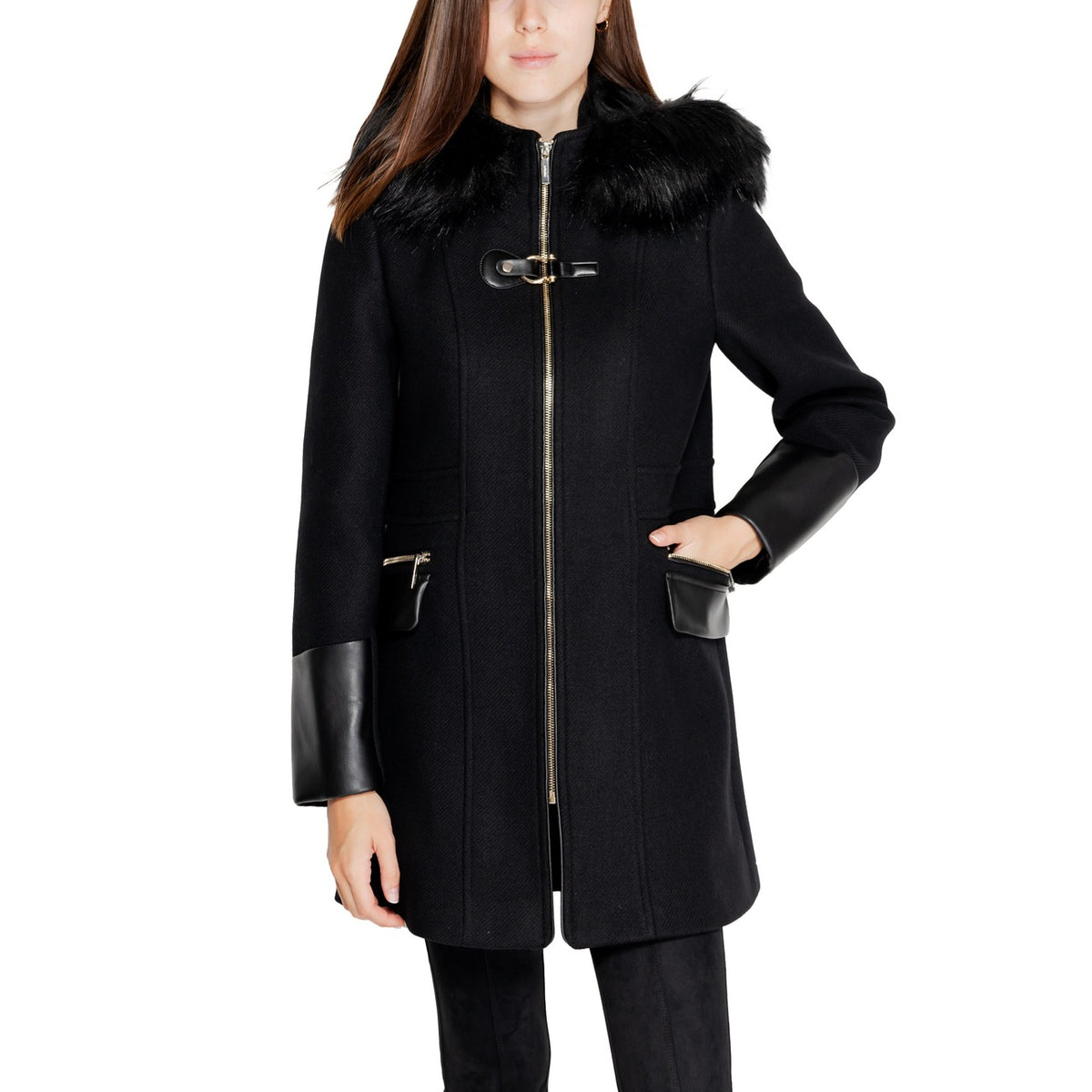 Cappotto nero lana donna Morgan De Toi – Cappotto lungo dritto con cappuccio e zip GSIBIL 222-GSIBIL.