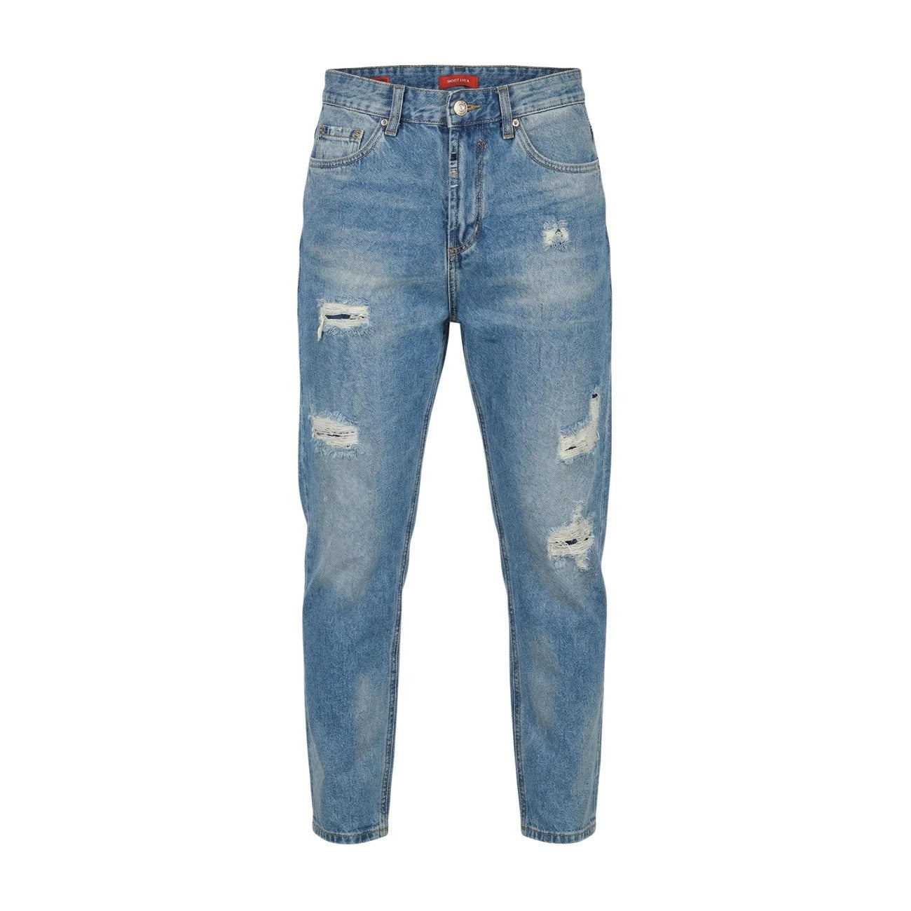 Gianni Lupo Jeans Slim Cooper Carrot; denim effetto invecchiato con abrasioni, composizione morbida e resistente, ideale per outfit urban contemporanei e tempo libero. Vista frontale stess