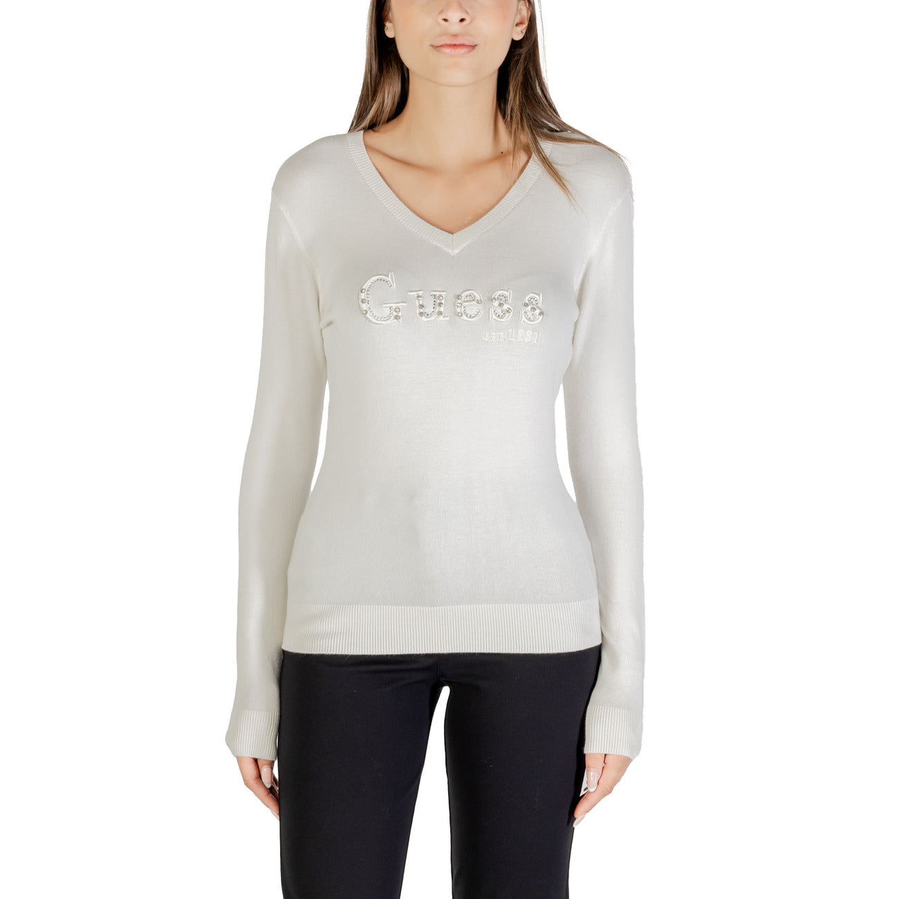 Guess Maglia Donna Blu con Strass Maniche Lunghe Scollo a V - Maglia Viscosa Poliammide Elastan