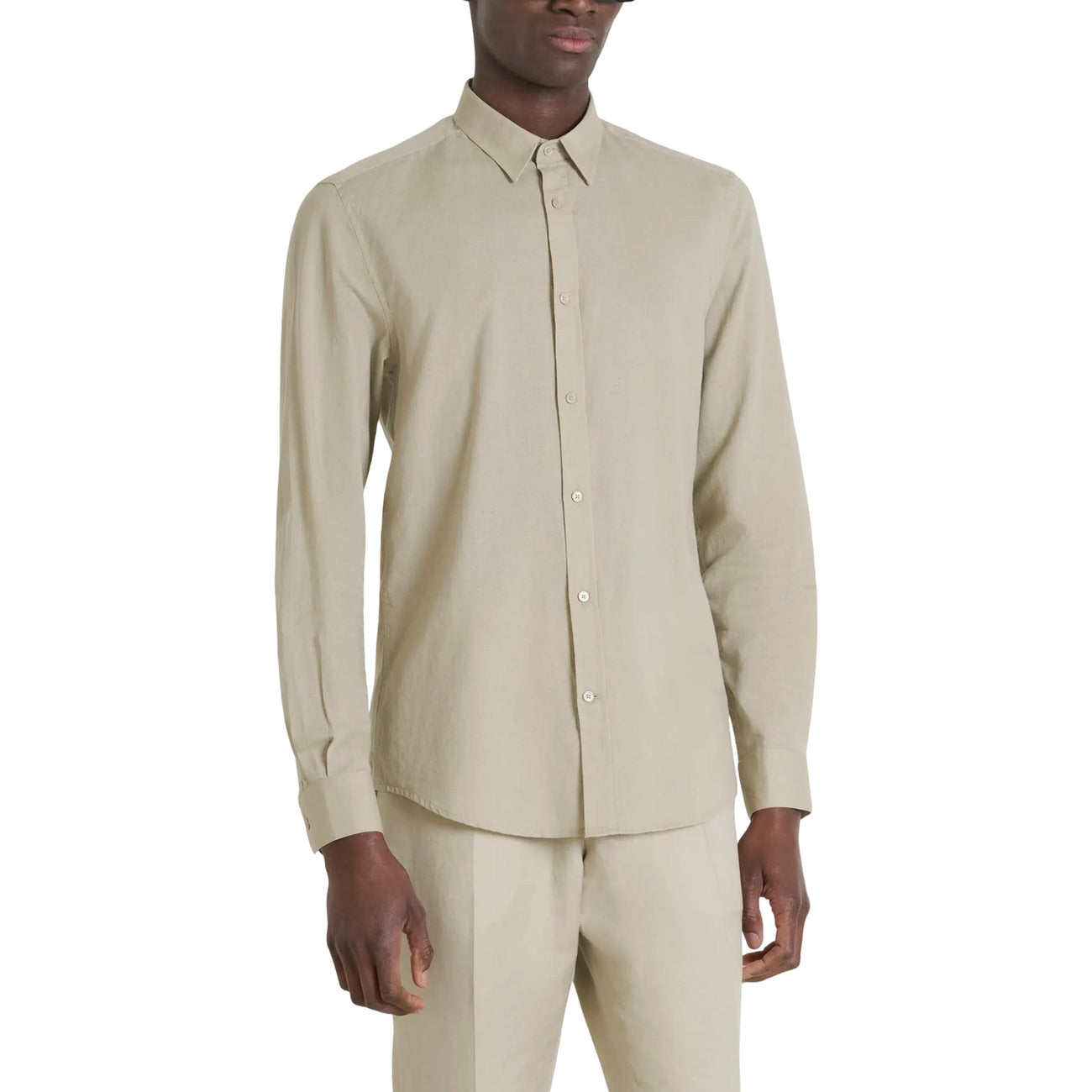 Antony Morato Camicia Uomo Beige Monocromo Manica Lunga Bottoni Colletto Classico 75% Cotone 25% Lino Primavera/Estate MMSL00759-FA401074