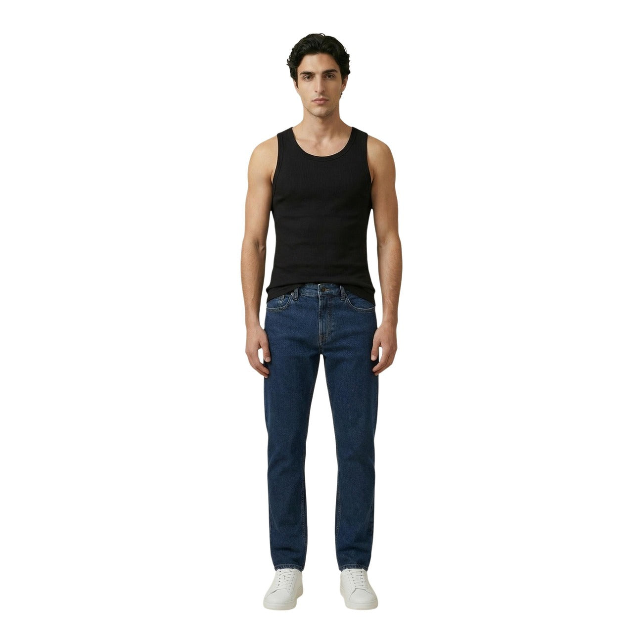 Calvin Klein Jeans Canotta nera a costine Uomo. Composta da 94% cotone 6% elastan. Scollo tondo vista frontale Figura intera 