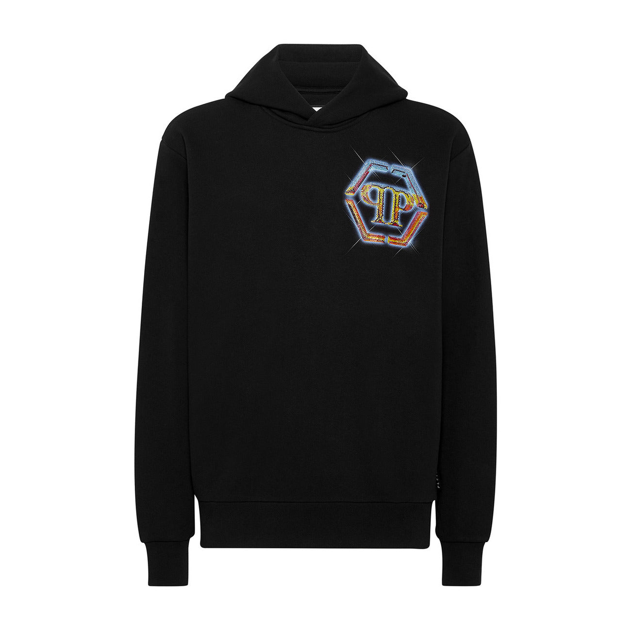 Felpa Philipp Plein Hexagon; Cotone Luxury. Nero, logo esagonale gommato sul petto, cappuccio strutturato. Hoodie uomo di alta moda. Vista frontale stesa 