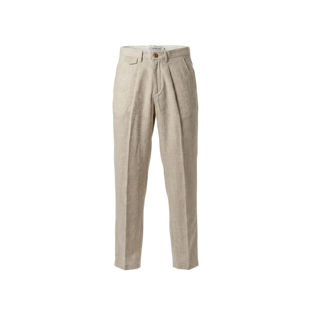 Pantaloni Regular Comfort Gianni Lupo; 100% Puro Lino. Colore Beige, vestibilità rilassata, freschezza naturale superiore. Il classico estivo indispensabile per un guardaroba di classe. Frontale stesa 