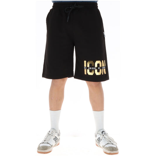 Bermuda ICON Gold Logo; 87% Cotone, 13% Poliestere. Nero con stampa oro laminata, vita con lacci, tasche a filo. Short uomo eleganti e sportivi, Made in Italy, stagione PE26. Vista frontale 