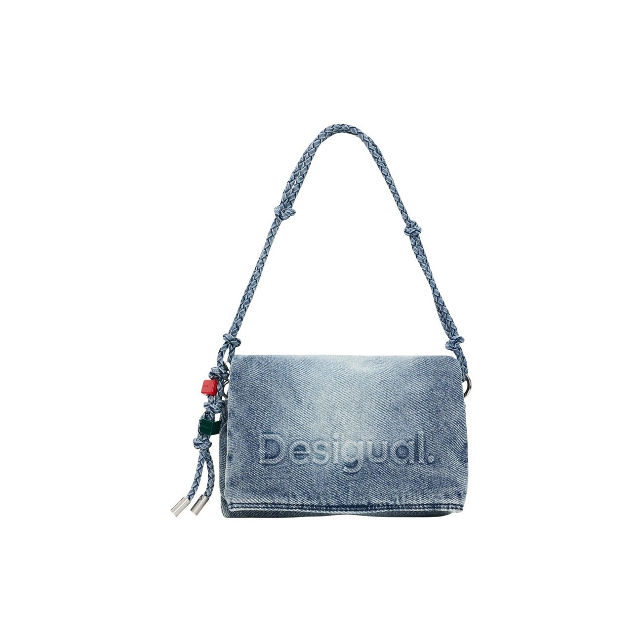 Borsa Desigual Denim; tracolle intercambiabili, charm portacarte, logo inciso tono su tono, chiusura doppia. Il must-have in denim della collezione SS26. Vista frontale 