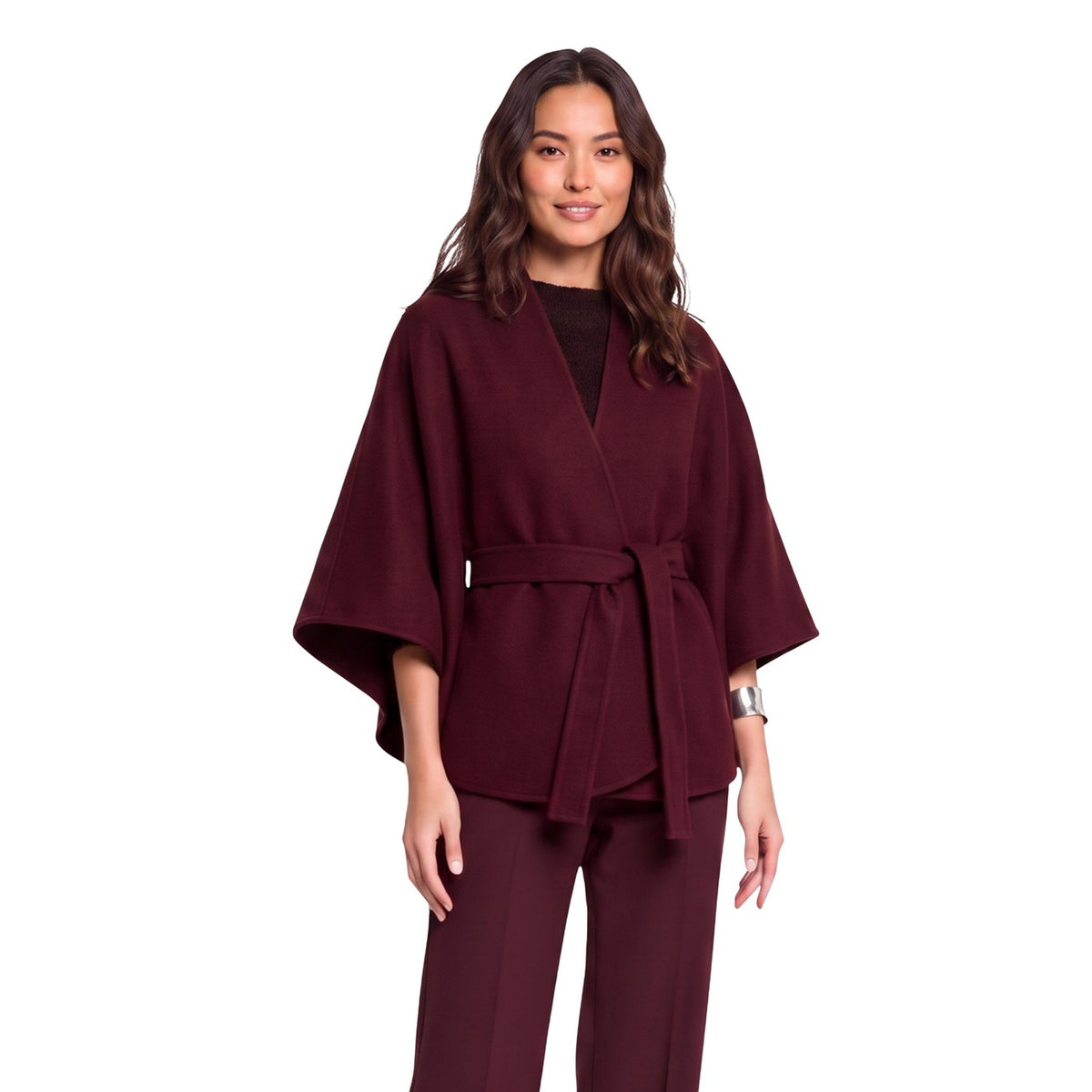 Mantella bordeaux donna Morgan De Toi 242-5BELT. Capospalla chic in misto viscosa con scollo incrociato, taglio di lunghezza media, passanti e cintura abbinata da annodare.
