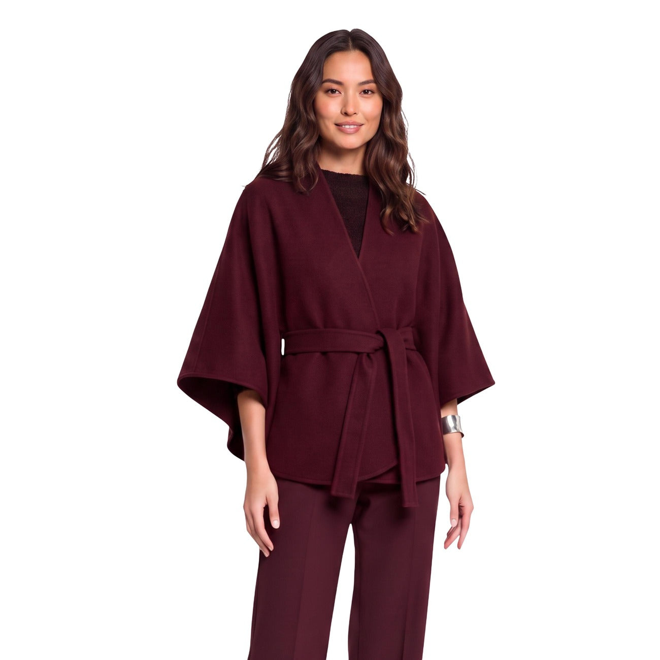 Mantella bordeaux donna Morgan De Toi 242-5BELT. Capospalla chic in misto viscosa con scollo incrociato, taglio di lunghezza media, passanti e cintura abbinata da annodare.