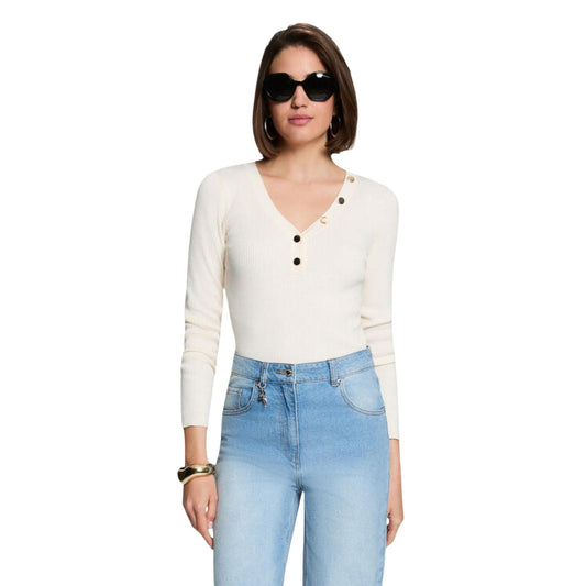 Maglione avorio donna Morgan De Toi 261-MBANBIN. Pullover aderente a maniche lunghe in 70% viscosa e 30% poliammide con scollo a V e bottoni chic per l'autunno/inverno.