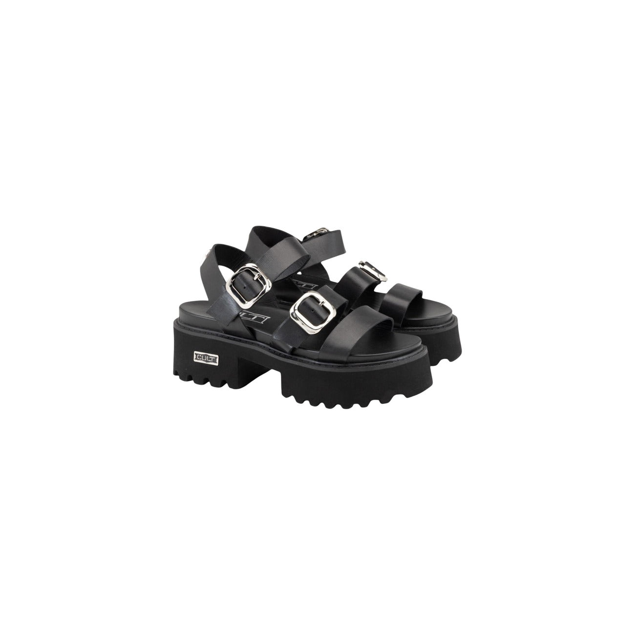 Cult Cher 4536; Sandalo Platform Nero. 100% Pelle, tacco 5 cm. Doppia fibbia in metallo, suola sagomata antiscivolo, interno in pelle traspirante. Laterale 