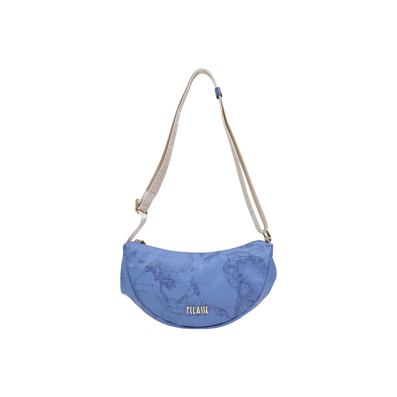Borsa Alviero Martini Blu; Stampa Geo bicolore. Tracolla regolabile con logo, chiusura con cerniera, materiali resistenti. Dimensioni mini 17x6x6 cm. Accessorio versatile e contemporaneo per ogni stagione. Vista frontale 