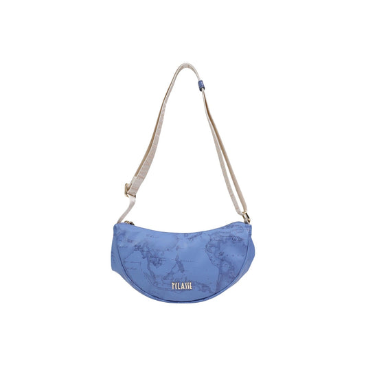 Borsa Alviero Martini Blu; Stampa Geo bicolore. Tracolla regolabile con logo, chiusura con cerniera, materiali resistenti. Dimensioni mini 17x6x6 cm. Accessorio versatile e contemporaneo per ogni stagione. Vista frontale 