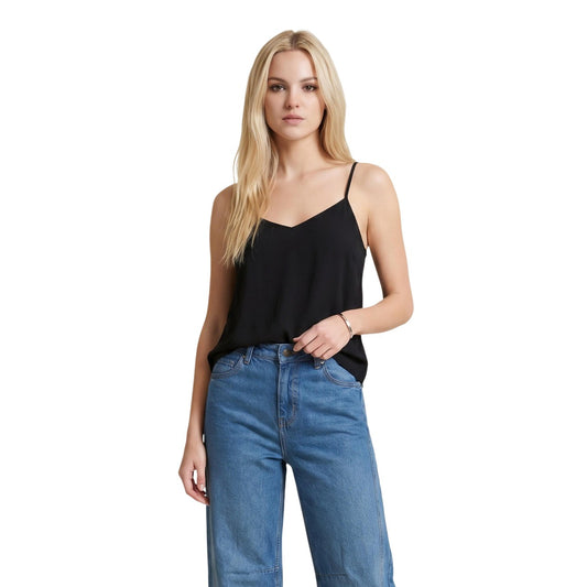 Canotta Only Nova Life; Nero. 86% Viscosa, 14% Poliestere. Scollo a V, spalline sottili, tessuto leggero e morbido. Vestibilità fluida, stile casual-raffinato. Vista posteriore 