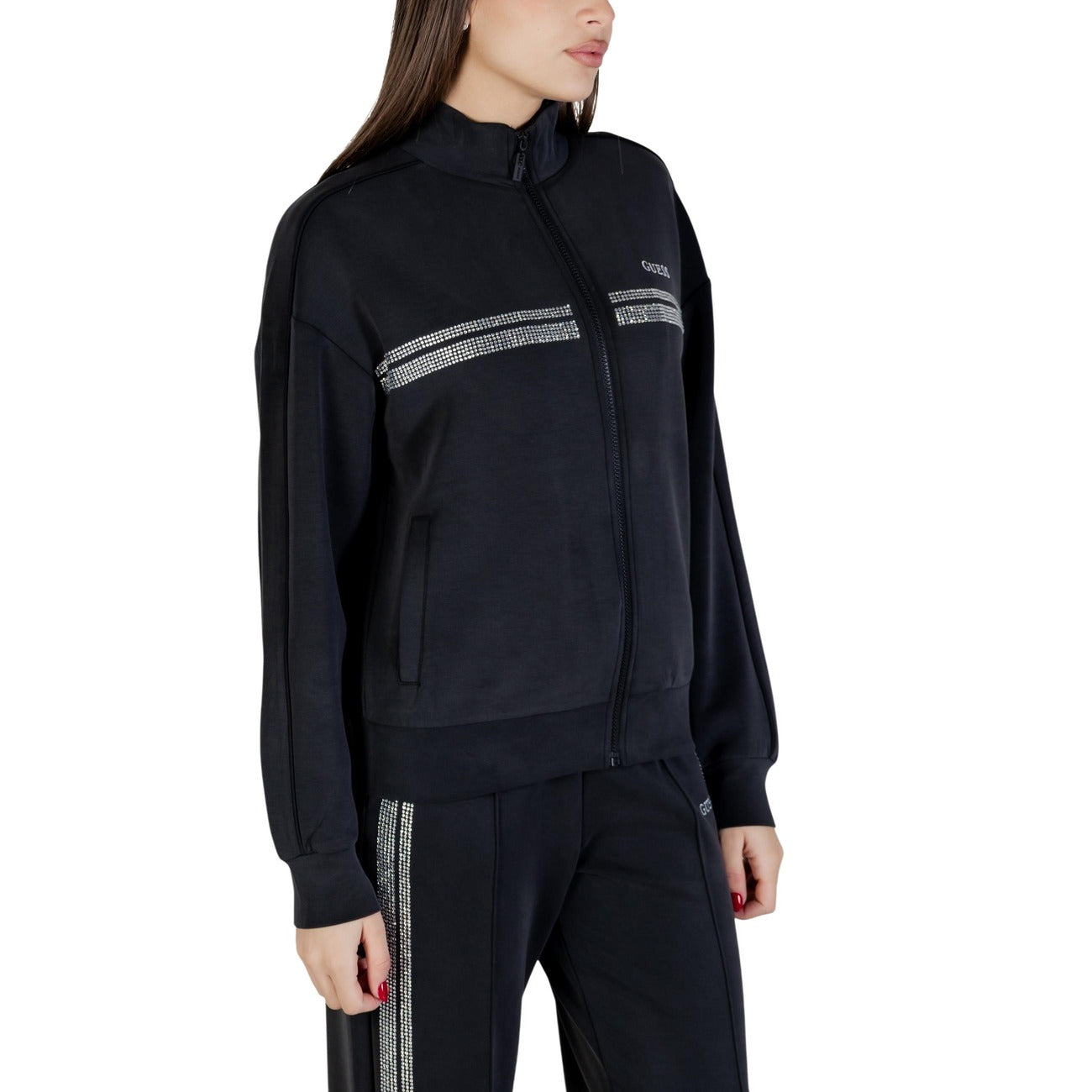 Felpa Guess Active donna nera con zip in poliammide 47% - vista laterale destra
