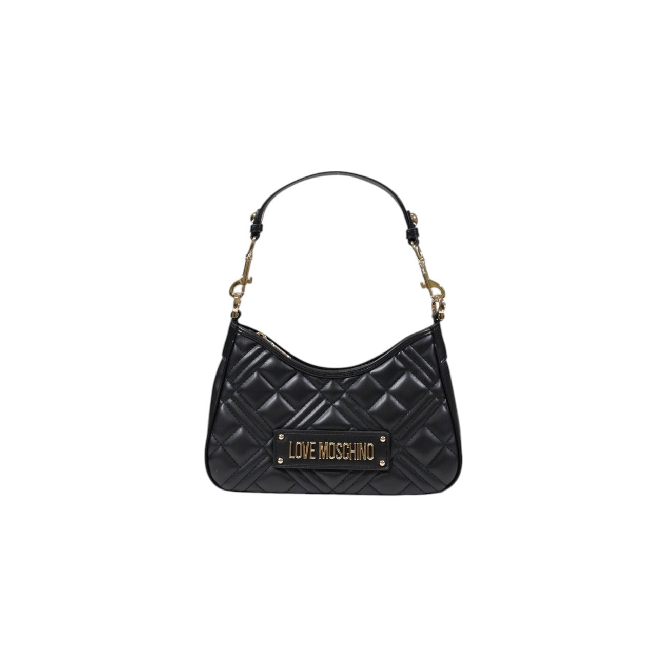 Borsa Love Moschino donna nera a spalla modello JC4152PP1M. Borsetta piccola trapuntata in ecopelle nera con manico a catena corta oro e placca logo stile casual chic, elegante e da sera.