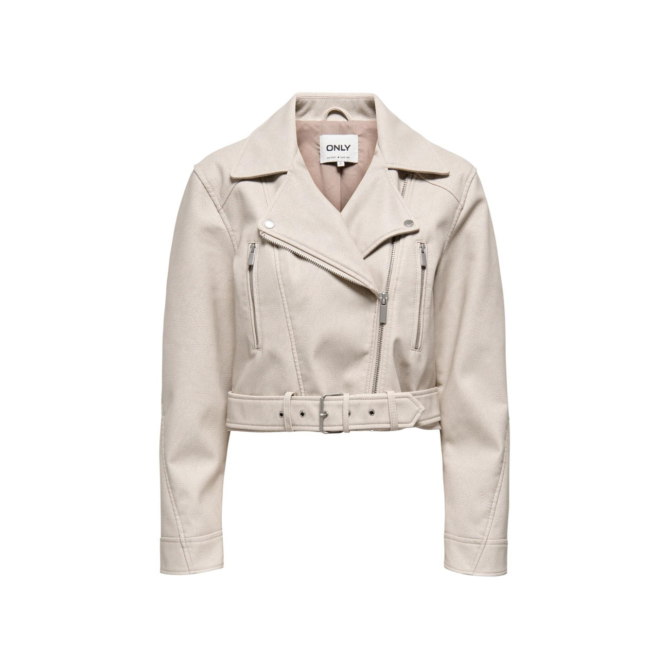 Giacca Only donna beige con cerniera scollo a V colletto bavero - vista frontale dettaglio