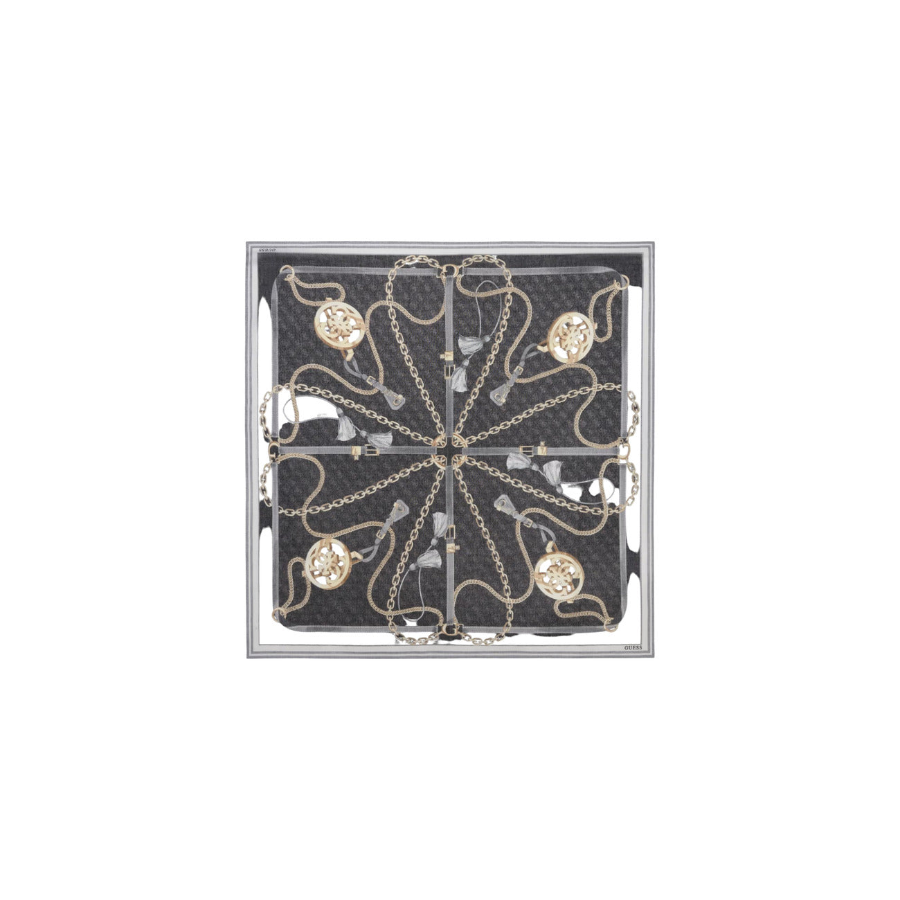 Foulard Leggero Donna Guess Printed Kefiah; Tessuto 100% poliestere morbido. Fantasia con motivo a catene stile luxury e logo Guess sugli angoli. Design versatile quattro stagioni per collo, borse o capelli. Colore nero 