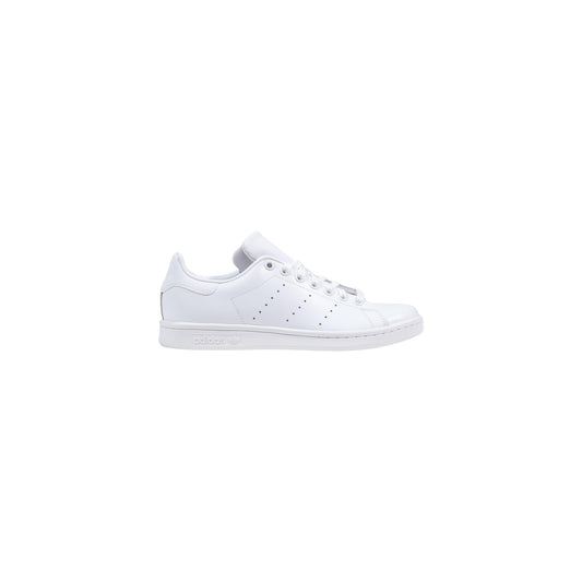 adidas Stan Smith Triple White; pelle pieno fiore, 3 strisce traforate, suola gomma. Design originale anni '70, colore monocolore bianco, calzata regolare. Vista laterale 