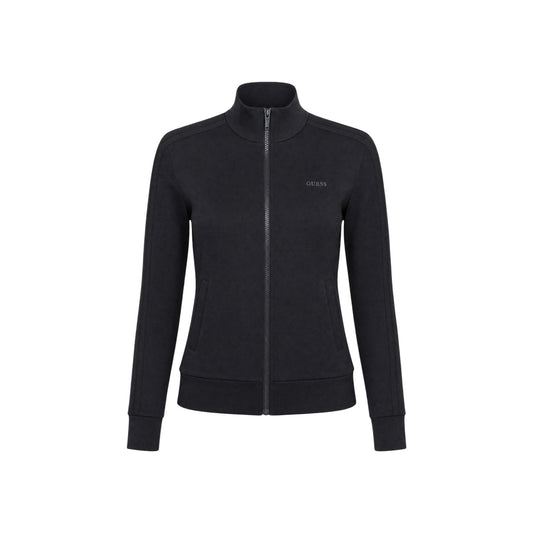 Felpa Nera Donna Guess Active Lyra High Neck; Tessuto elasticizzato in poliestere, modal ed elastam con chiusura full zip e colletto alto. Tasche laterali e logo sul petto, stile sportivo mezza stagione. Vista frontale stesa 