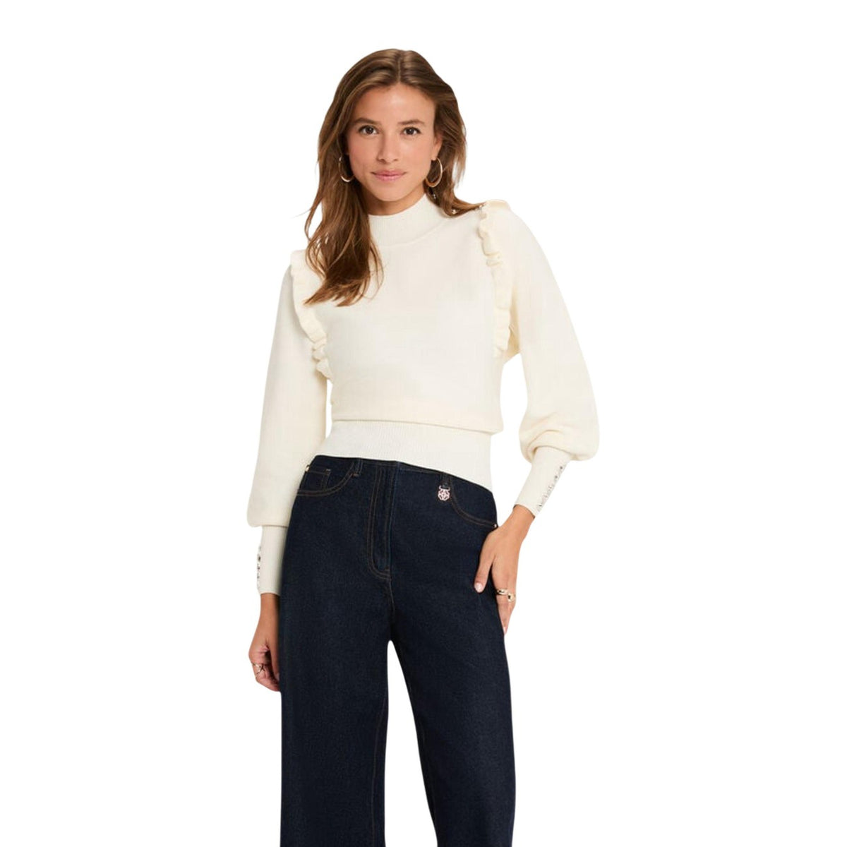Maglione corto donna Morgan De Toi avorio – Pullover collo alto bon ton con volant e bottoni 222-MGENEV.
